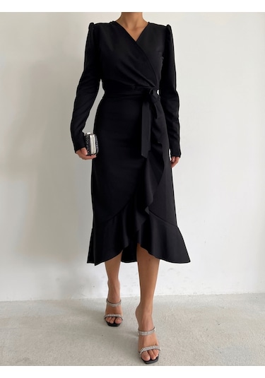 Krep Kumaş Midi Boy Kuşaklı Uzunkol Elbise 113 Cm Bediva 001