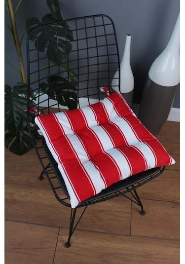 Altınpamuk Altınpamuk Beta Pofidik Kırmızı Beyaz Sandalye Minderi Bağcıklı 4