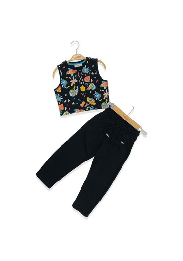 Kız Çocuk Kolsuz Baskılı Pamuklu Tshirt Ve Beli Paçası Lastikli Eşofman Takım-11680-siyah Siyah Kız Çocuk Kolsuz Baskılı Pamuklu Tshirt Ve Beli Paçası Lastikli Eşofman Takım-11680-siyah Siyah