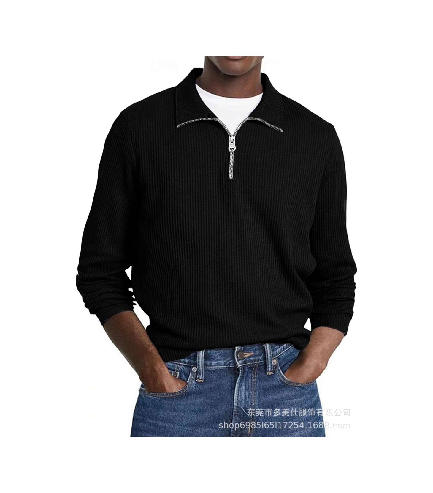 Edwardest Erkek Amerikan Retro Ağır Sonbahar Yeni Üst Çizgili Uzun Kollu Yaka Yarım Fermuar Siyah