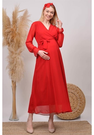 Kadın Beyaz Baby Shower Şifon Hamile Elbise Dphml003 Kırmızı