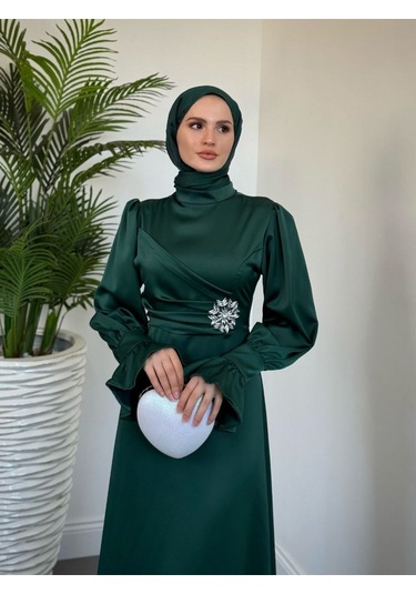 Yandan Taşlı Abiye Zümrüt Yeşil