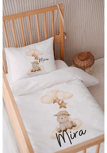 %100 Pamuk Saten Isme Özel Isimli 100x150 Bebek Yatak Nevresim Seti Kuzucuk