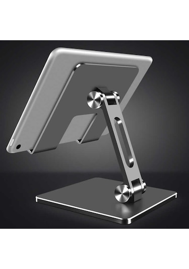 Masaüstü Telefon Tablet Standı Ağır Metal Taban, Katlanabilir, 180 Dönen Çift Dirsekli Tutucu Gümüş