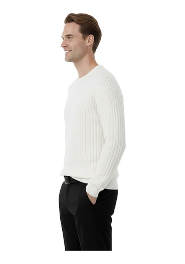 Deepsea Erkek Beyaz Rahat Kalıp Çizgi Dokulu Triko Kazak Şık & Modern Tasarım 2605432 Beyaz
