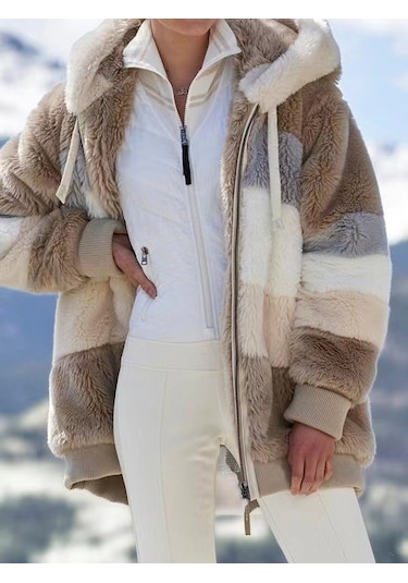 Kadın Peluş Kapüşonlu Ceket Bol Ceket Haki