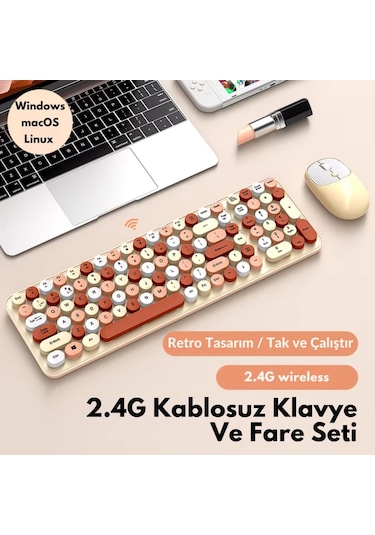 Coofbe 105 Retro Tuşlu 2.4gh Kablosuz Bluetooth Klavye Mouse Seti Retro Kablosuz Klavye Mouse Set