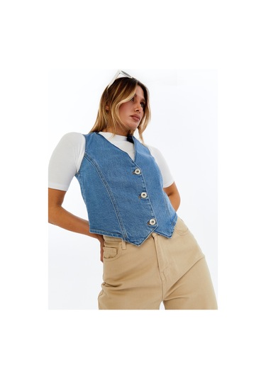 Kadın Denim Yelek Şık Düğmeli Jean Yelek, Günlük Ve Casual Kombin Açık Mavi