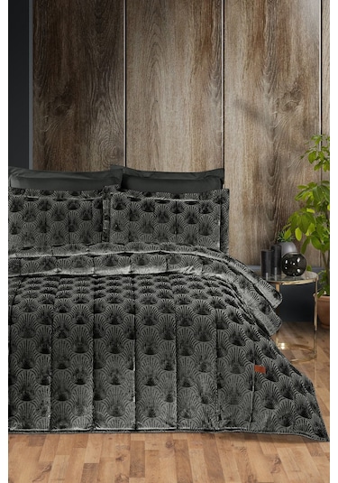 Lucianna Jakar Kadife Çift Kişilik Yatak Örtüsü Takımı Antrasit Bej