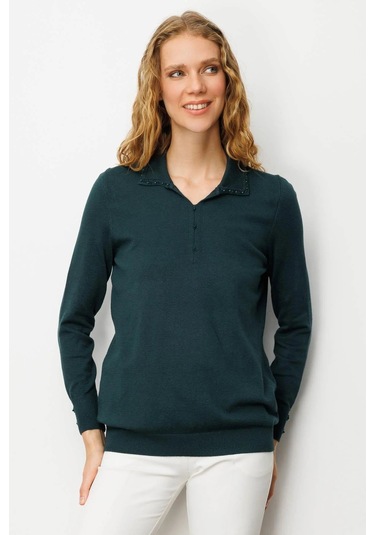 Desen Triko Kadın Polo Yaka Nakış İşlemeli Ligralı Bluz 25092 Yeşil Yeşil