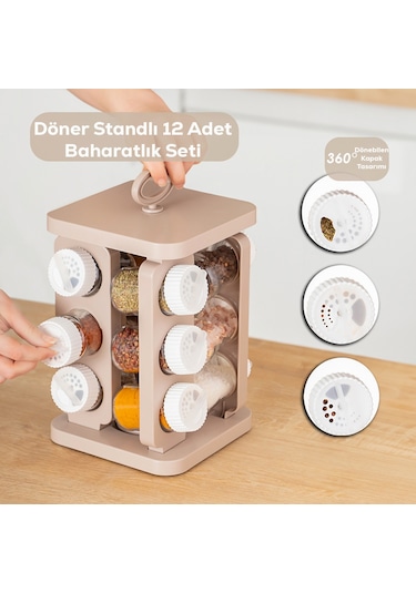 Porsima 1078 Kare Döner Standlı Döner Kapaklı Cam Baharatlık Cap Beyaz - Cappucino