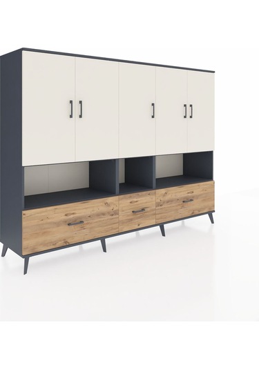 Hyperion Dolap 12 Raflı 3 Çekmeceli 5 Kapaklı 220x44x163 Antrasit Antrasit-aytaşı/çam