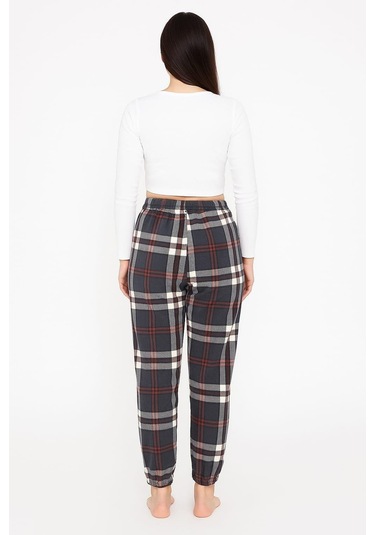 Kadın Ekose Desenli Cepli Paça Lastikli Kadife Tek Alt Füme Füme