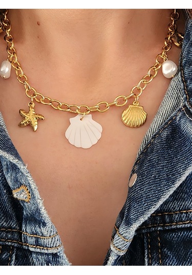İstiridye Midye Deniz Yıldızı Deniz Atı İnci Model Charmlı Yaz Beach Plaj Tatil Kolye 46cm Gold