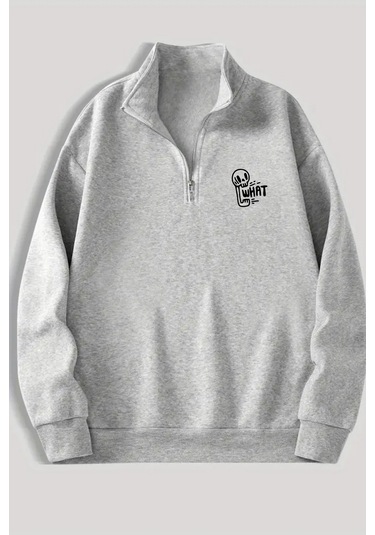 Gri Fermuarlı Dikyaka Sweatshirt- What - Kışık Şardonlu Kumaş Gri