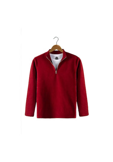 Kırmızı Yarım Fermuarlı Regular Kalıp Dik Yaka Polar Sweatshirt Kırmızı