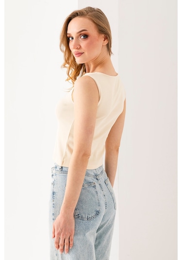 Giysa Kadın Bisiklet Yaka Düğmeli Fitilli Body Krem - 25y 2457 Krem