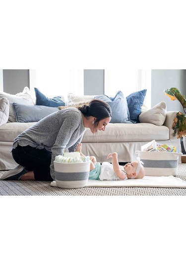 3lü Jüt Pamuklu Sepet, Bebek Eşya Toplama Sepeti, Battaniye Sepeti Oyuncak Sepeti, Yastık Sepeti Gribeyaz