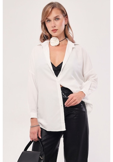 Armonika Kadın Ekru Oversize Uzun Basic Gömlek Arm-22y001118