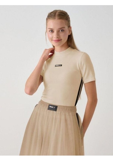 Kız Çocuk Yarım Balıkçı Yaka Tül Tasarım Etekli Takım-14934 Bej