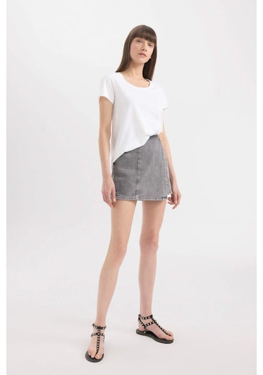 Defacto Yüksek Bel Mini Jean Şort Etek C0695AX24SMNM55 Gri