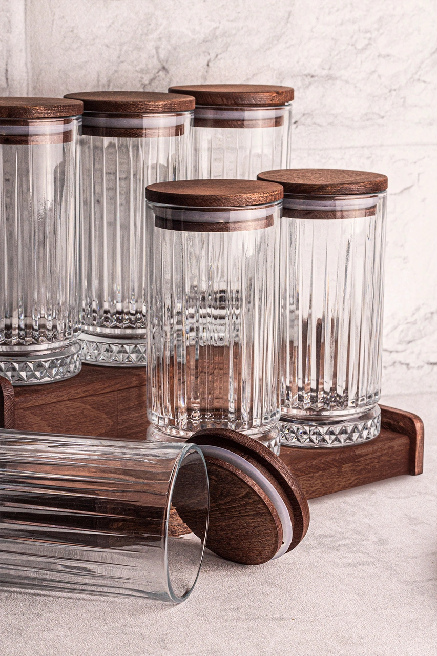 Mira 7 Parça Ahşap Vakumlu Kapaklı Standlı Cam Baharatlık Seti 450 Ml Çok Amaçlı Saklama Kabı Ahşap