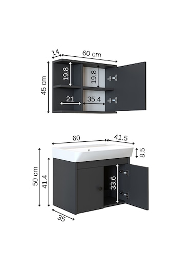 Lavabolu Mat Suntalam 60 Cm Banyo Dolabı, Aynalı Üst Dlp Antrasit