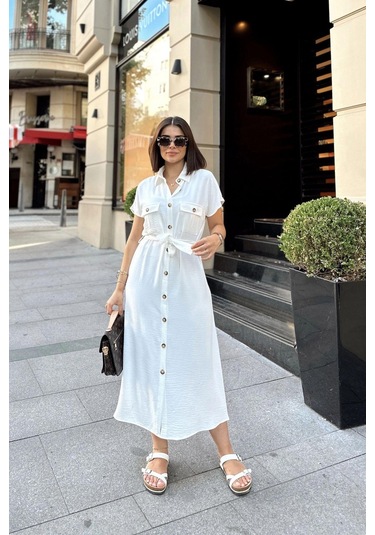 Beyaz Kısa Kol, Gömlek Yaka, Düz Desen, Çift Cepli, Aerobin Kumaş, Kuşaklı Maxi Elbise Beyaz