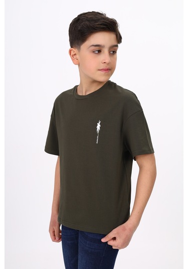 Toontoy Erkek Çocuk Palmiye Ağaç Baskılı Tişört Haki