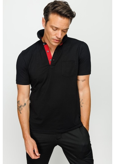 Erkek Polo Yaka Düğmeli Cepli T-shirt Siyah Siyah