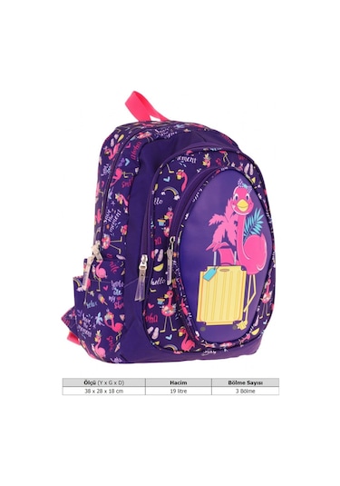 Kaukko Kids Üç Gözlü Kız Çocuk Okul Sırt Çantası Flamingo Detaylı - L5223 Mor - Pembe