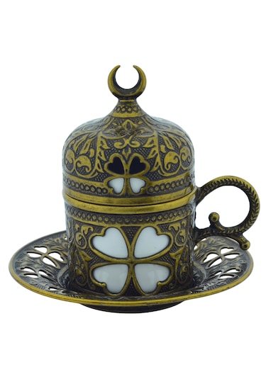 Yonca Desenli 6 Kişilik Porselenli Kapaklı 24 Parça Antik Renk Fincan Seti Yeşil - Sarı