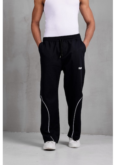 Dark Moda Erkek Oval Şeritli Baskılı Yazlık Baggy Eşofman Siyah