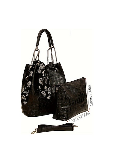 Eşarp Dekorlu Gotik Kafatası Kabartmalı Tote Çanta Siyah