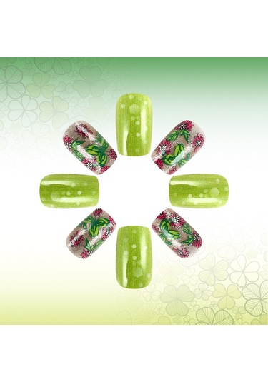 St. Patrick Günü Kısa Simli Parlak Takma Tırnaklar Yonca Çiçeği Taze Takma Tırnaklar 24 Parça Aletler Dahil Ys560