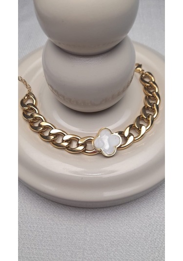 Uzel Çelik Gold Altın Renk Beyaz Sedef Yoncalı Kalın Halka Detaylı Çelik Bileklik Gold