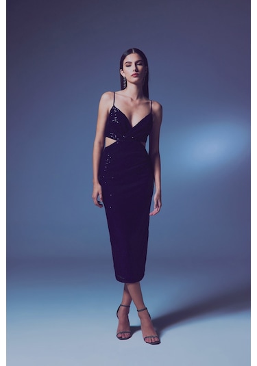 Dekolteli Payet Elbise - Lacivert-135645 Lacivert