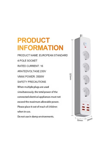 Termal Akım Korumalı 4'lü Priz 4x Usb 2x Type-c Çıkışlı Grup Priz Çoğaltıcı 3500w 2 M