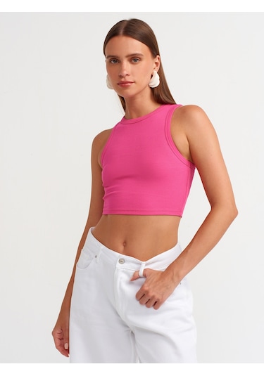 Dilvin Dikiş Efektli Crop Top Fuşya