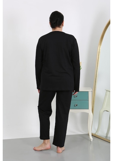 Akbeniz Kadın Büyük Beden Uzun Kol Penye Pijama Takımı Siyah 202501 Siyah