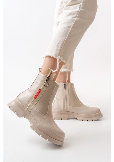 Asm-086 Bej Fashion Aksesuarlı Fermuarlı Günlük Kadın Bot-bej Bej