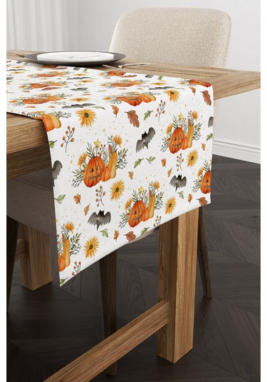 Turuncu Halloween Balkabağı Desenli Dijital Baskılı Runner Cgh750
