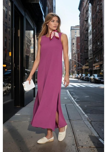 Kadın Sıfır Kol Aerobin Kumaş A Kesim Yırtmaçlı Maxi Yazlık Elbise 3760330 Mor