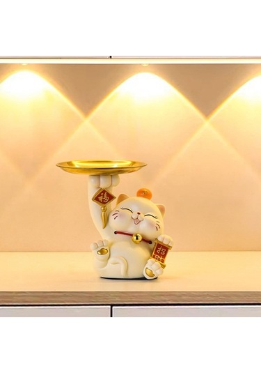 Trendooze Şanslı Kedi Heykeli Mini Depolama Tepsisi - 13x10,5x15,5 Cm, Unik Tasarım 13cmx10,5cmx15,5cm