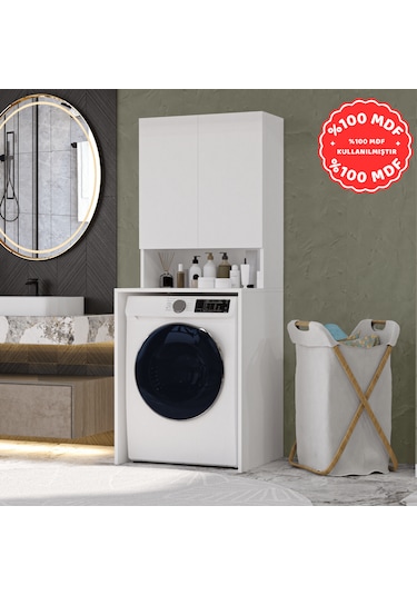 Çamaşır Makinesi Dolabı 3 Raflı Kapaklı Banyo Dolabı Beyaz %100 M Beyaz
