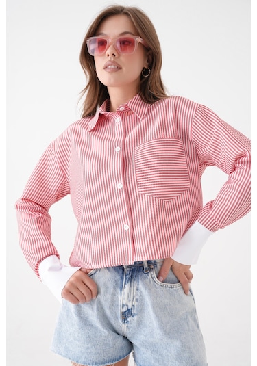 Saade Kırmızı Çizgili Crop Gömlek Kırmızı
