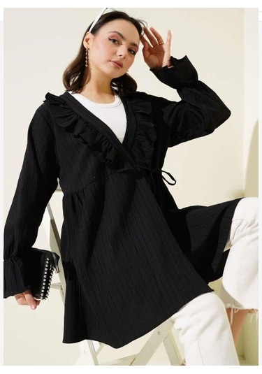 Lovie Moda Kadın Yaka Fırfırlı Kimono Siyah