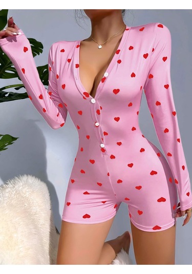 Kadın Pembe Kalp Desenli Pijama Tulumu 5121 Kırmızı