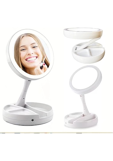 Monozone 10x Katlanabilir Çift Taraflı Usb Vanity Led Işıklı Makyaj Aynası Beyaz