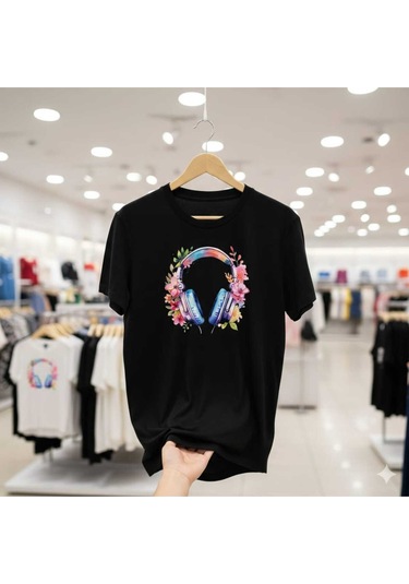 Çiçekli Kulaklık Baskılı Pamuk Kadın T-shirt Siyah